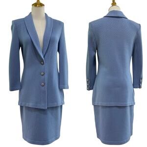 Vintage 90s St John Collection Blue Wool Textured Knit Skirt Suit Women's Size 2